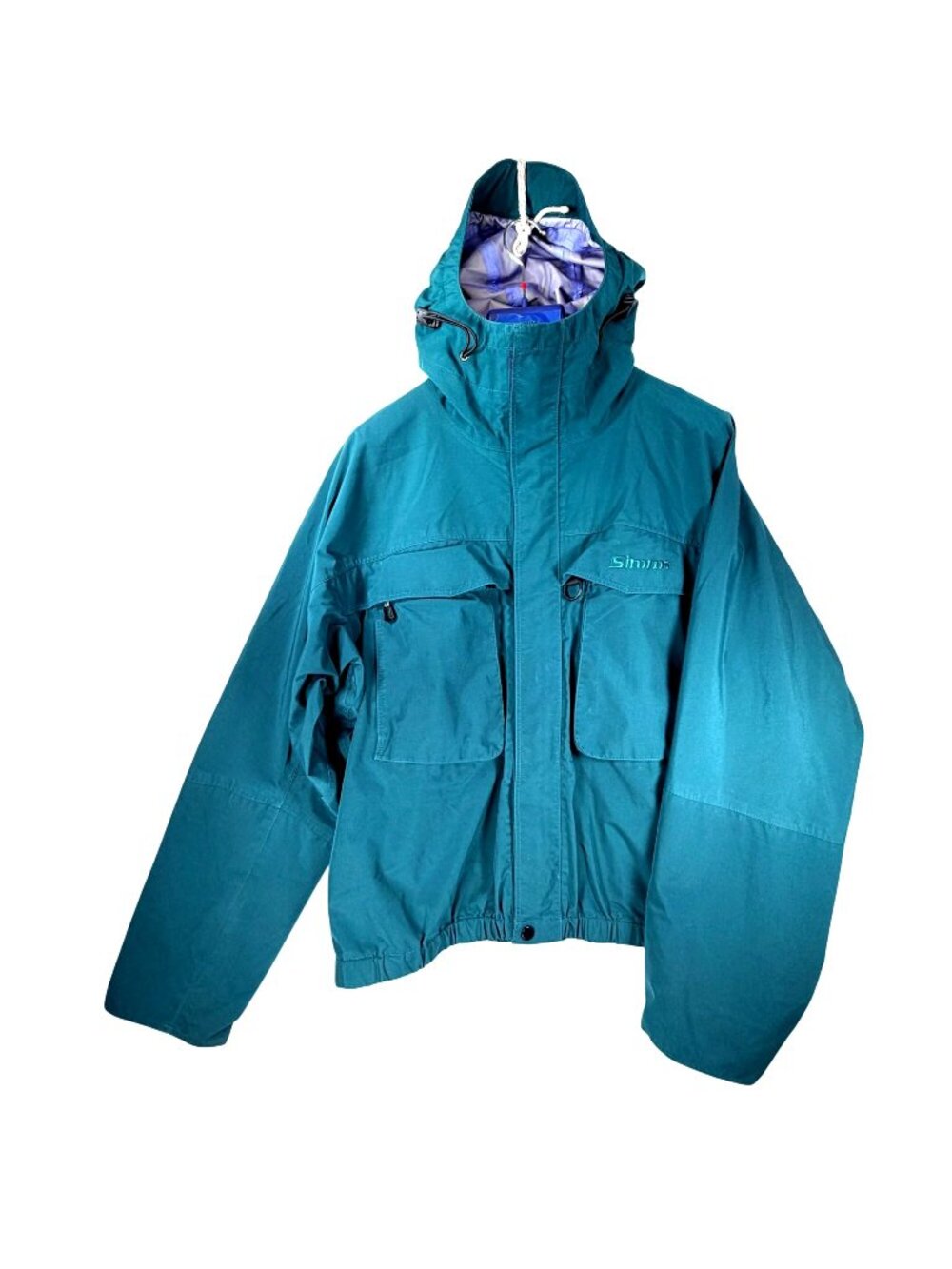 Vtg Simms Gore Tex Fishing Dry Coat Blue Teal Waterproof Jacket L Hood READ